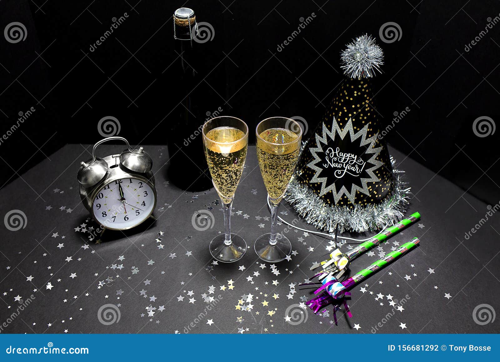 new yearÃ¢â¬â¢s eve champagne with party items, high vantage point